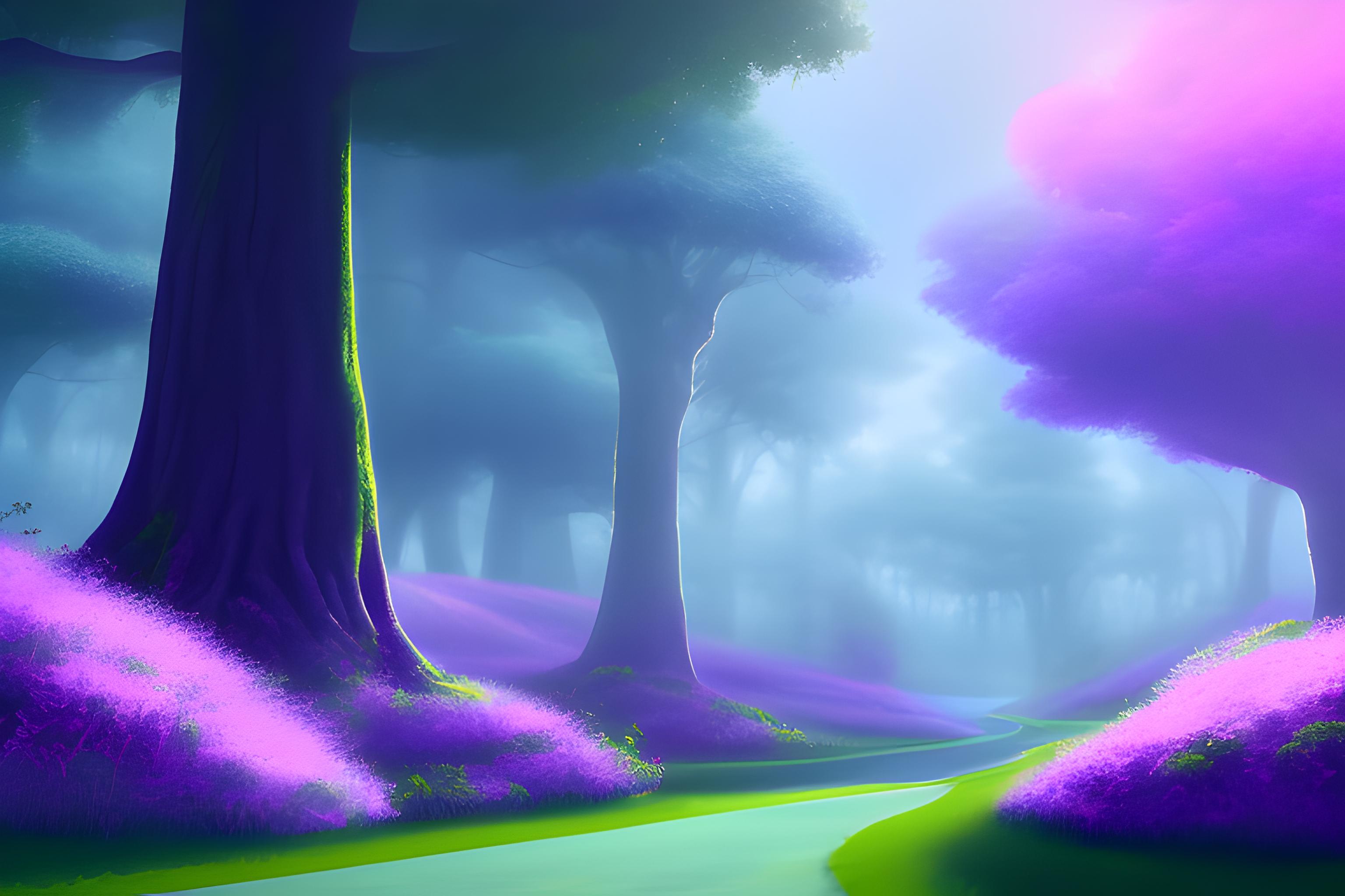 Create a mystical forest with neon purple trees and neon pink flowers, a rough cobblestone path in the middle with neon blue moss growing on it 
